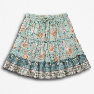 Alelly Women Teal Floral Boho Tiered Mini Skirt Elastic Waist Ruffle Hem Medium